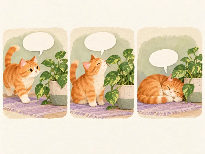Three comic panels show an orange cat walking, sitting and curling up, with empty speech bubbles above.