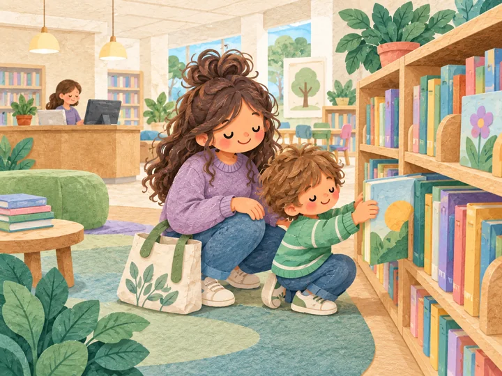 An adult kneels beside a young child choosing a book from low library shelves.