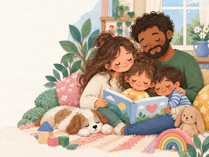 Two adults and two children share a picture book on a rug.
