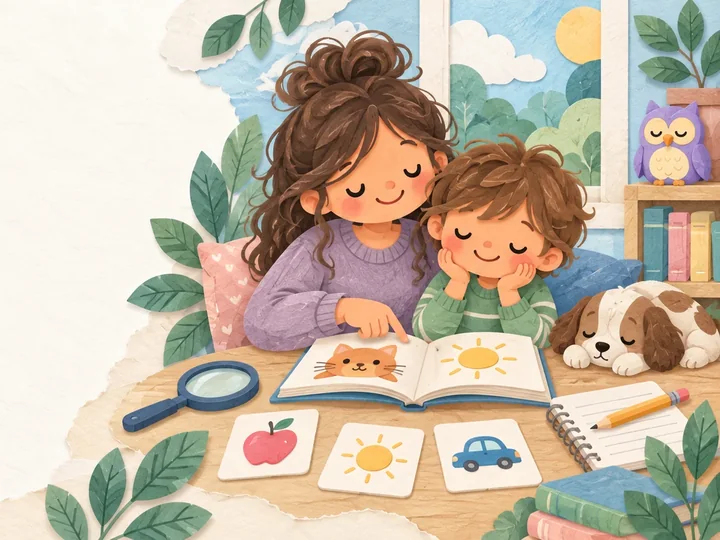 An adult and child look closely at one open picture book and several loose picture cards.