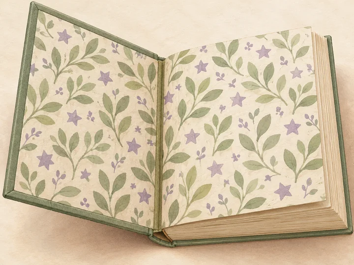 A book lies open to matching green leaves, purple flowers and stars across its inside pages.